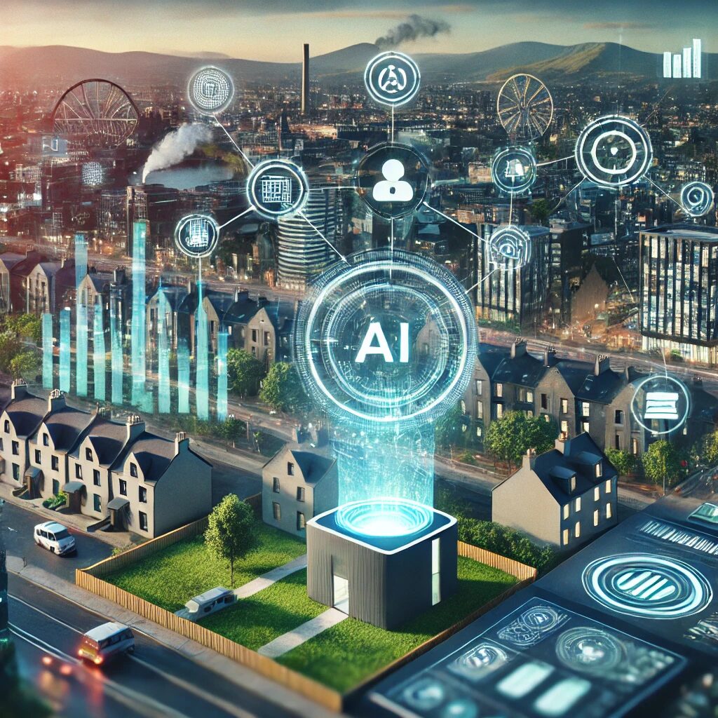 A futuristic control center showcasing AI-powered property management in Scotland with digital dashboards, a Scottish city skyline, and eco-friendly features like green rooftops and solar panels