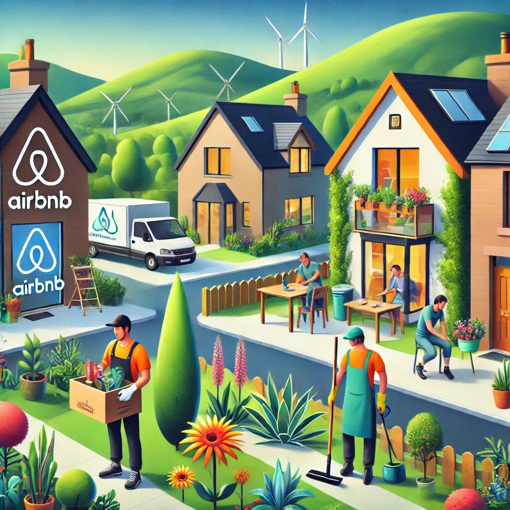 A modern Scottish neighborhood in 2025 featuring smart homes, eco-friendly landscaping, and service providers like a gardener, cleaner, and co-host preparing properties